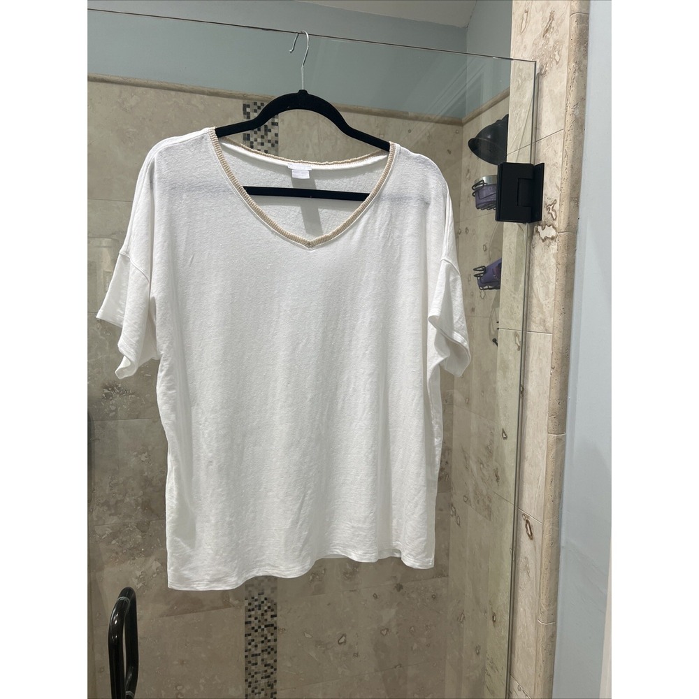 Chicos Top Women 2 L White Linen T-Shirt V-Neck Short Sleeve Solid Gold Trim